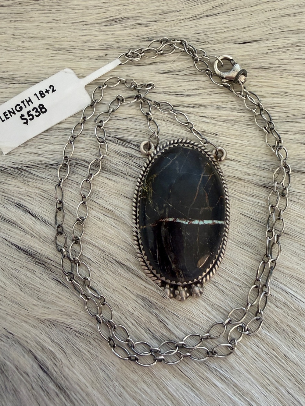 ❤️ Premium Black Jack Turquoise Lightning Brushed Sterling 925 ADJ Necklace 16g - Picture 5 of 15